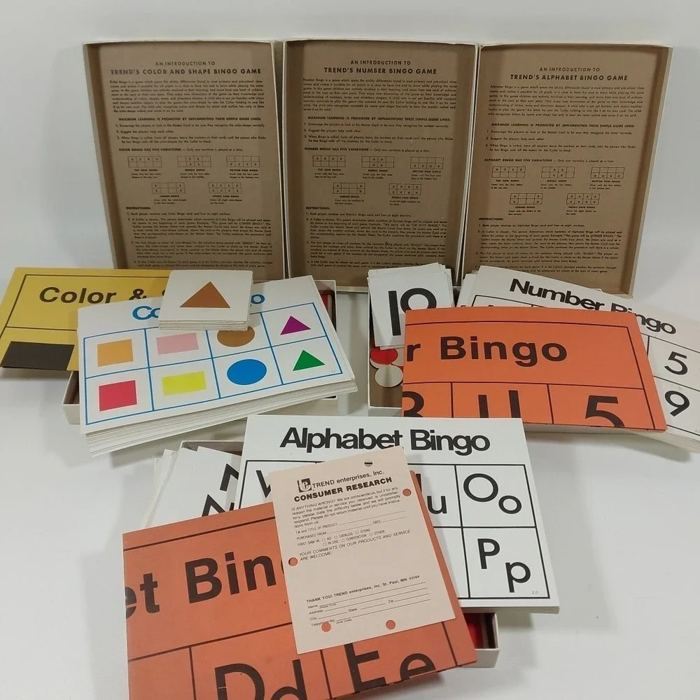 Vintage‎ 70s Trend's Alphabet Bingo, Number Bingo And Color Shape Bingo Complete
